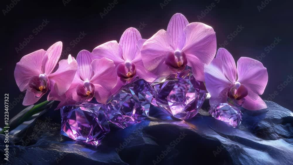 Glowing orchids and shimmering crystals on a mystical rock landscape