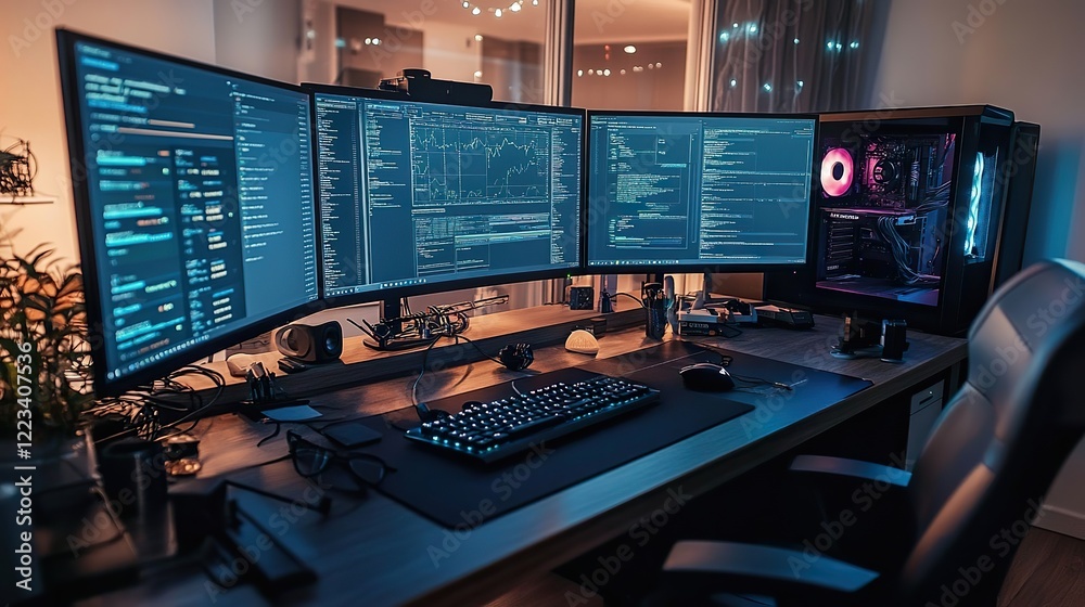 Naklejka premium An organized desk with multiple monitors displaying technical diagrams and support chat windows.