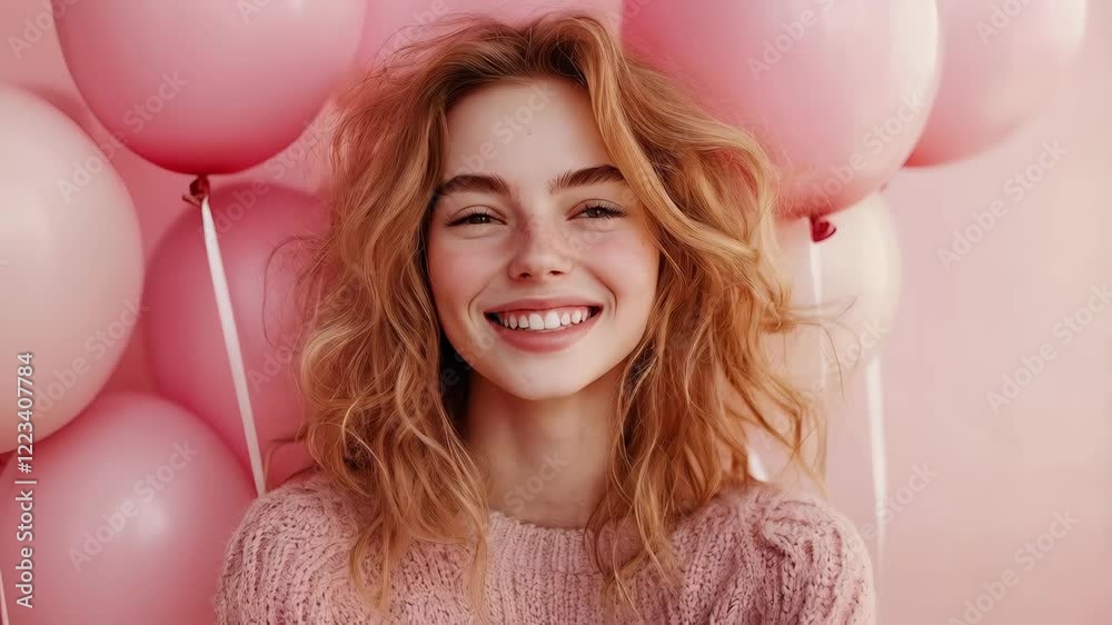 Joyful celebration with smiling woman surrounded by pink balloons Joyful celebration with smiling woman surrounded by pink balloons