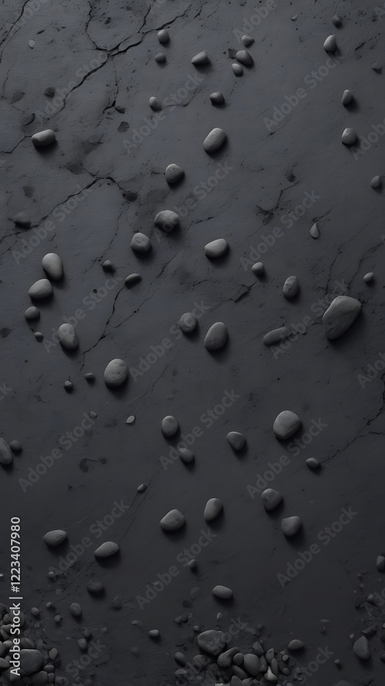 A rough asphalt surface with small cracks, scattered pebbles, and faint tire marks, in shades of dark gray and black.