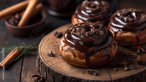 Sweet chocolate cinnamon rolls on wood
