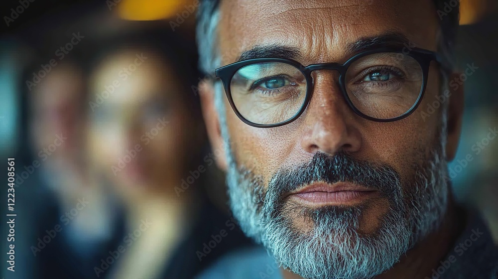 Close-up portrait of a serious, middle-aged man with glasses and a beard, with blurred colleagues in the background.
