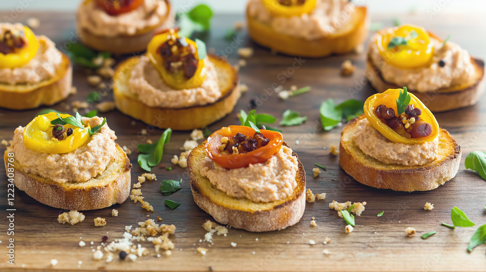 Delicious bruschetta with creamy cheese and peppers on rustic wooden platter Delicious bruschetta with creamy cheese and peppers on rustic wooden platter