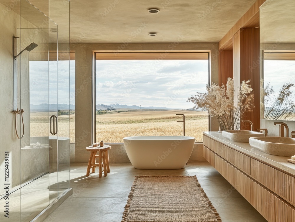 Fototapeta premium A bathroom with a bathtub and a shower. The shower has a metal handle. A vase with flowers is on the counter