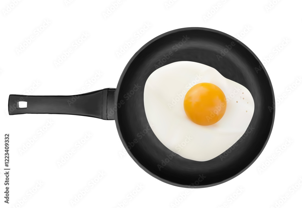 3d pan with fried egg on white background. Realistic fried egg 3d pan with fried egg on white background. Realistic fried egg