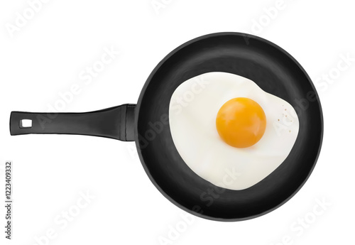 3d pan with fried egg on white background. Realistic fried egg