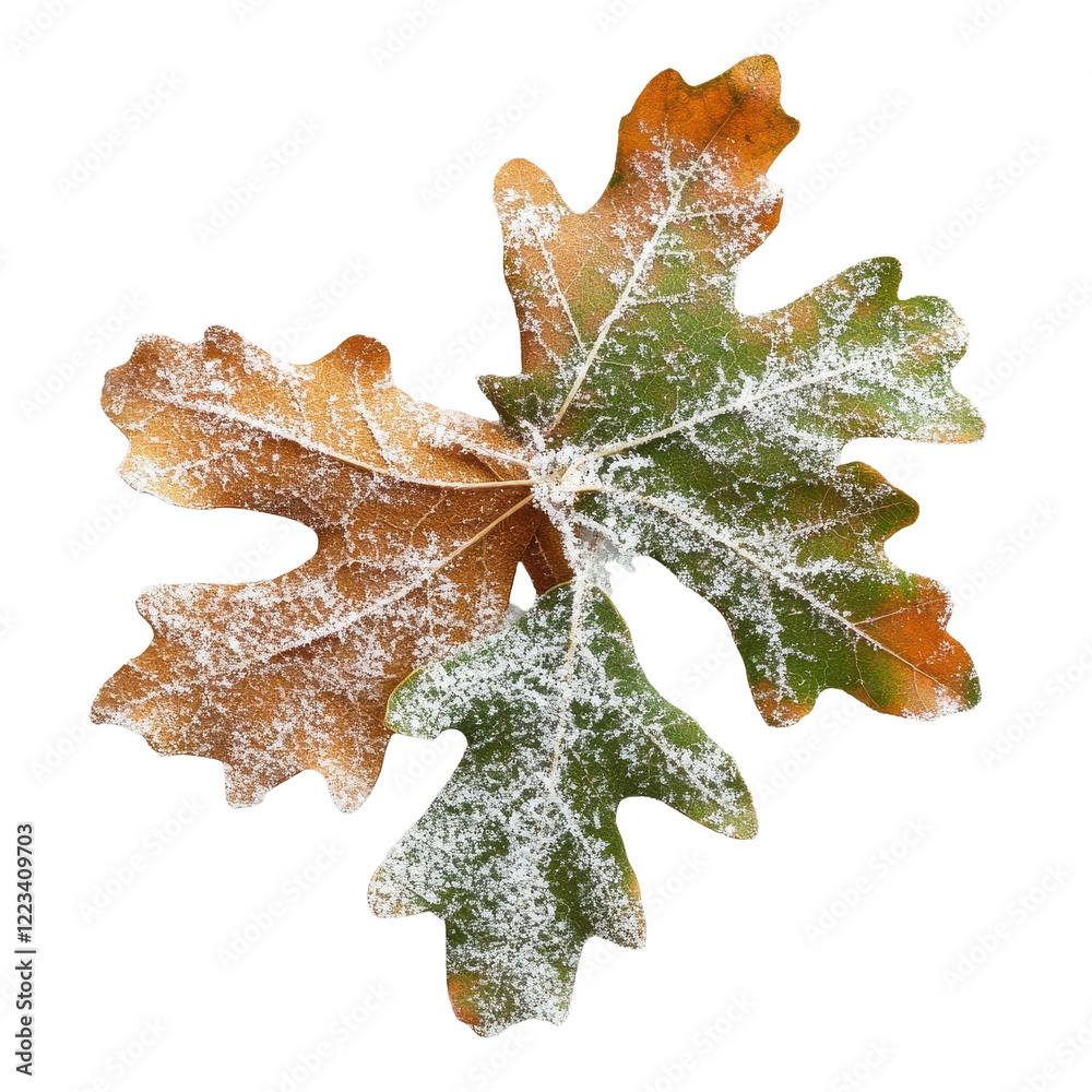 Fototapeta premium Oak leaves covered in snow against a Transparent background showcasing winters beauty and detail, Oak leaves in snow isolated on PNG background