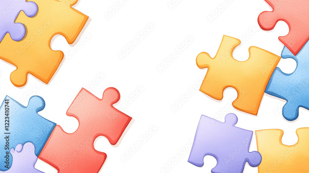 Colorful jigsaw puzzle pieces scattered on white background Colorful jigsaw puzzle pieces scattered on white background