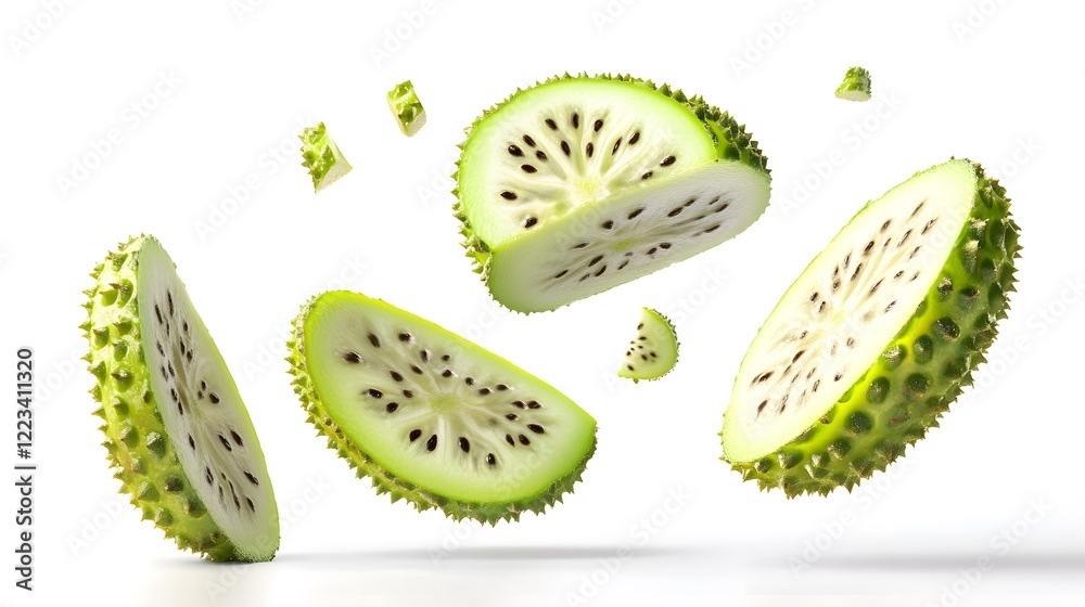 Falling Noni fruit slice, Cutout. Falling Noni fruit slice, Cutout.