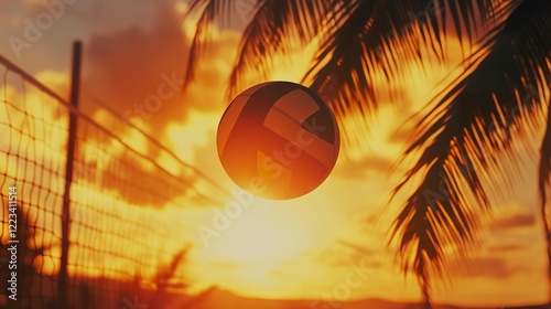 Close-up of a volleyball soaring through the air against a sunset backdrop, showcasing its texture and motion.