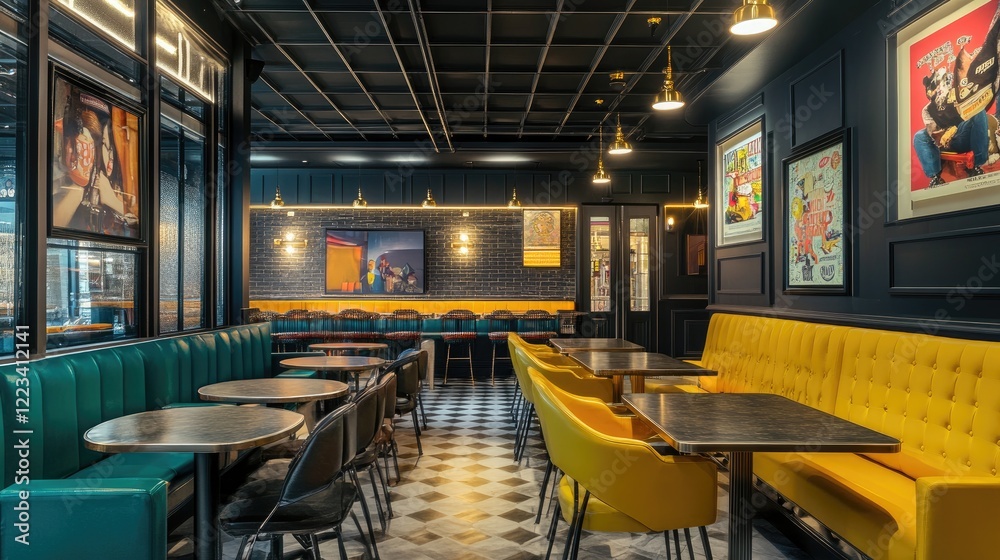 Fototapeta premium Stylish Restaurant Interior Design, Teal and Yellow Booths, Dark Ceiling, and Checkered Floor