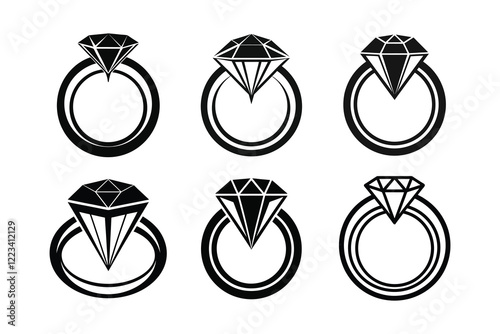A wedding ring or diamond ring vector silhouette, isolated white background, 
