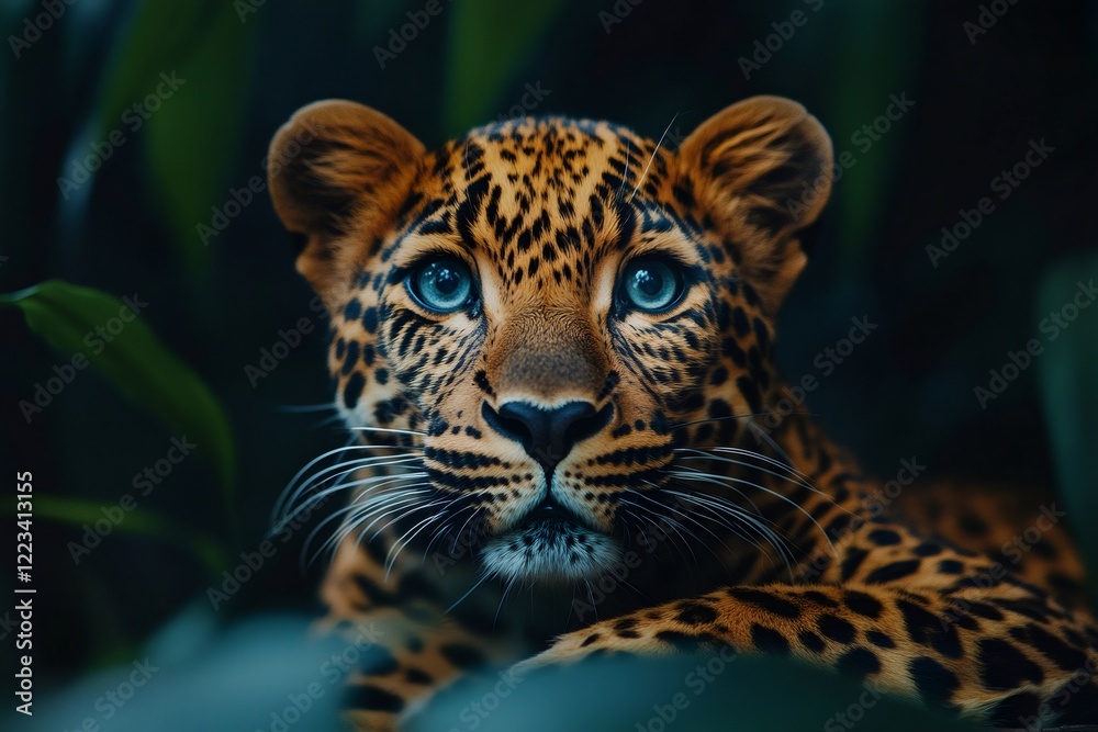Obraz premium Leopard resting in the jungle showing its blue eyes