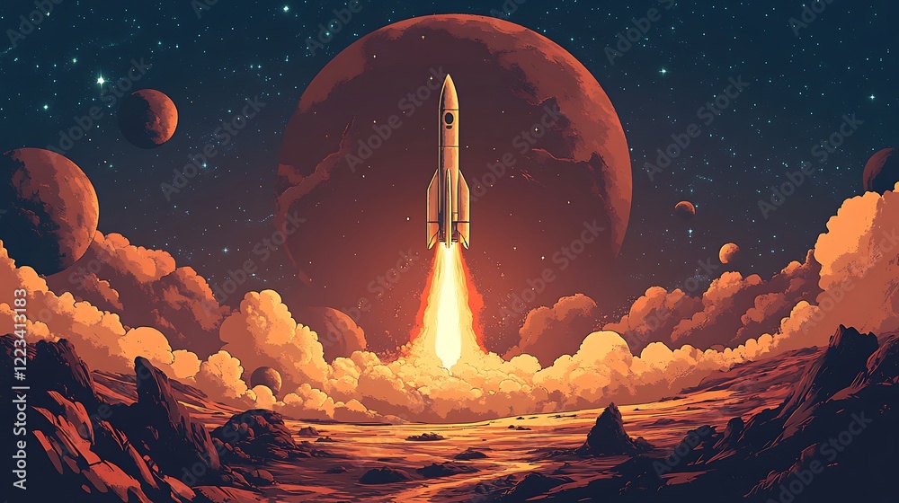 Obraz premium A long white rocket taking off from the planet Mars