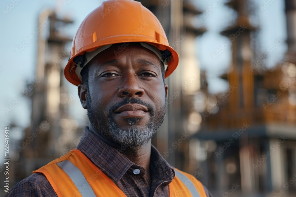 Confident industrial engineer posing in front of refinery plant Confident industrial engineer posing in front of refinery plant