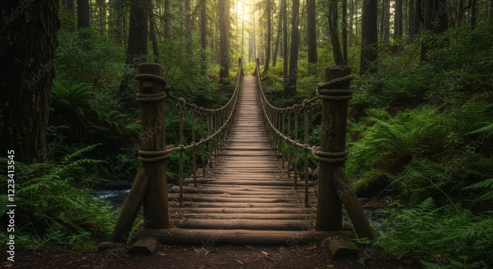 Obraz premium Rustic Old Wooden Log Walking Bridge made with Sticks and Vines in a Lush Green Forest, Nature Image