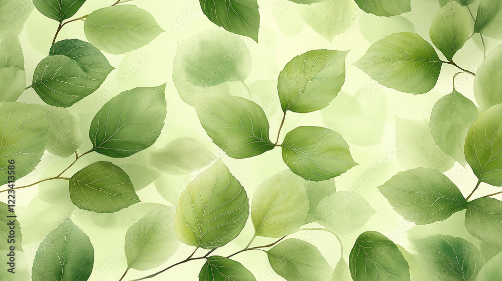 A seamless texture of fresh spring leaves in light green tones, with subtle veins and a soft texture. The ultra-detailed design highlights the natural beauty of new foliage, perfect for nature-themed A seamless texture of fresh spring leaves in light green tones, with subtle veins and a soft texture. The ultra-detailed design highlights the natural beauty of new foliage, perfect for nature-themed