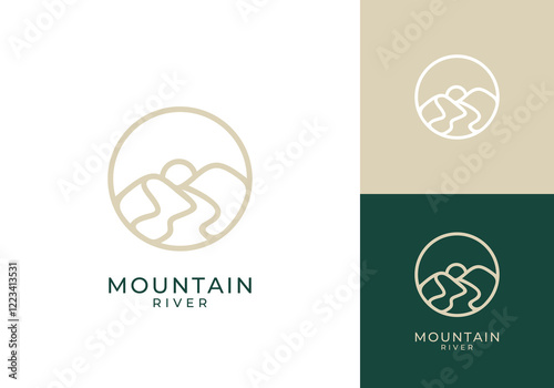 mountain with river circle line art logo design inspiration