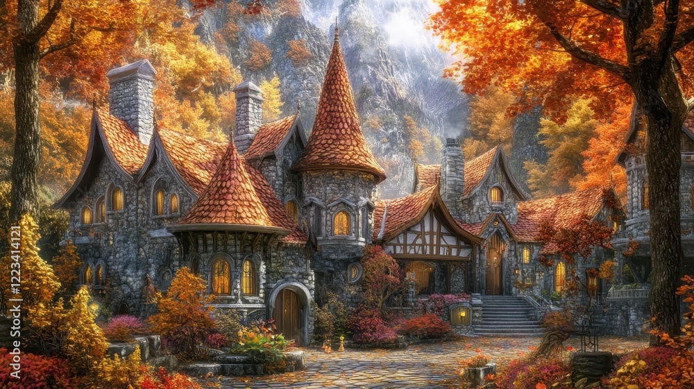 Fototapeta premium Stone Castle Home Autumn Forest Setting