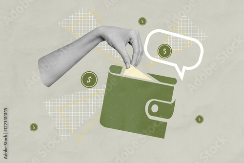 Fototapeta Naklejka Na Ścianę i Meble -  Composite artwork 3D photo collage trend template of earnings bank cash trade market mind social contact conversation hand hold wallet