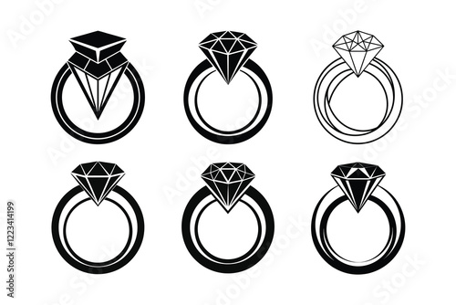 A wedding ring or diamond ring vector silhouette, isolated white background, 