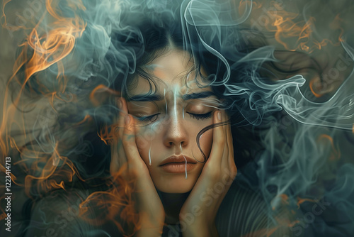 A Dreamlike Portrait of a Woman Surrounded by Ethereal Smoke and Emotions