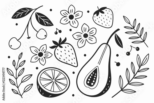 Black and white botanical illustrations, hand-drawn floral elements, organic shapes, fruit sketches, leaf patterns, simple line art, nature-inspired doodles, minimalist plant designs, whimsical flower