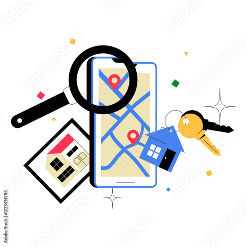 Smartphone With Map, Key, And House Icon In Flat Vector Illustration Symbolizing Real Estate Search, Property Selection, And Home Buying, Isolated On White Background.