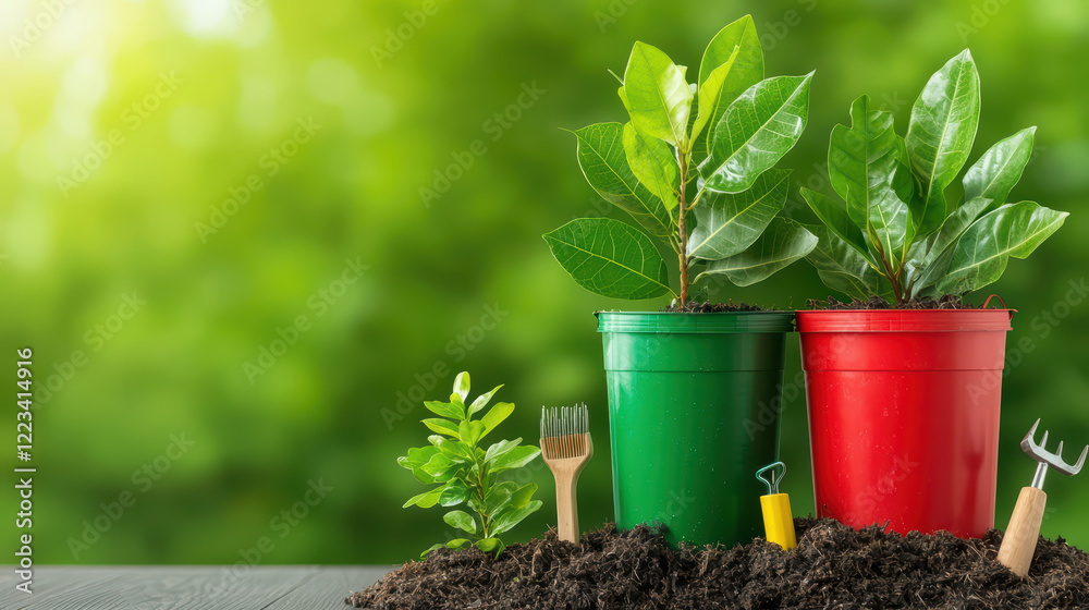 Potted plants in green and red containers with gardening tools and soil Potted plants in green and red containers with gardening tools and soil