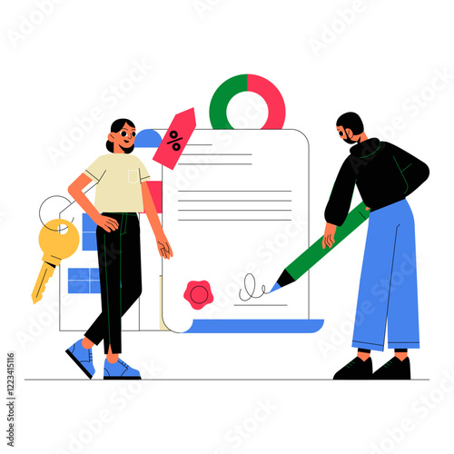 Female Client And Male Agent Signing Mortgage Agreement In Flat Vector Illustration Symbolizing Property Sale, Loan Contract, And Real Estate Deal, Isolated On White Background