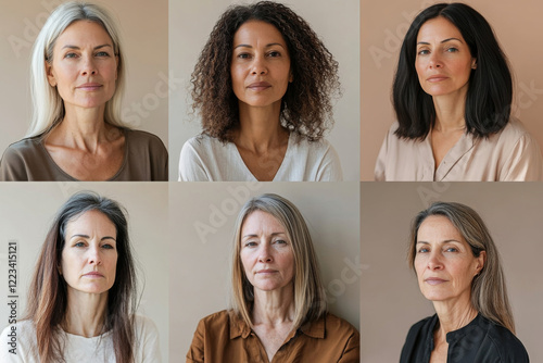 Portraits composite collage of diverse women of various ages and ethnicities against neutral pastel background