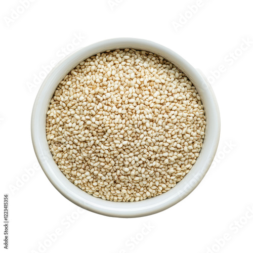 Bowl of white sesame seeds isolated on Transparent background suitable for culinary use and garnishing dishes, White sesame in bowl isolated on PNG background