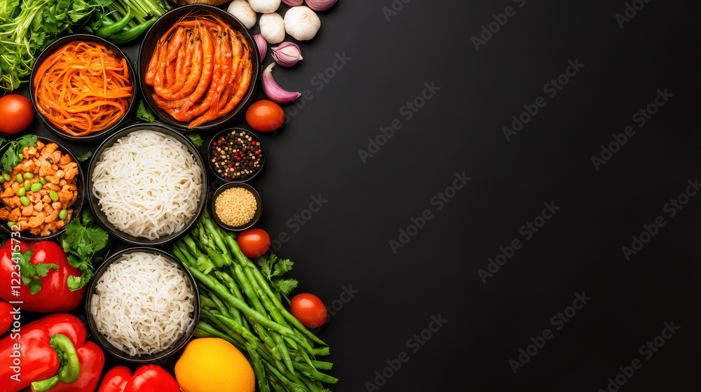 Fresh vegetables, noodles, and spices arranged on dark background Fresh vegetables, noodles, and spices arranged on dark background