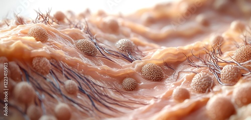 Close-up view of skin tissue with visible sebaceous glands and hair follicles