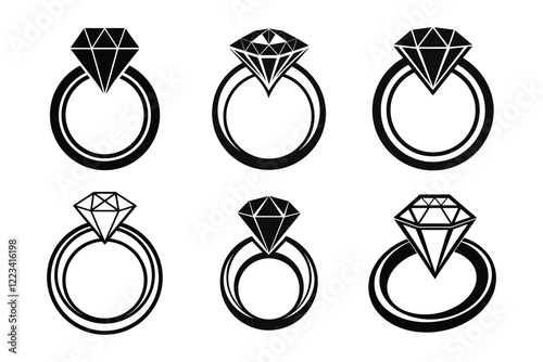 A wedding ring or diamond ring vector silhouette, isolated white background, 