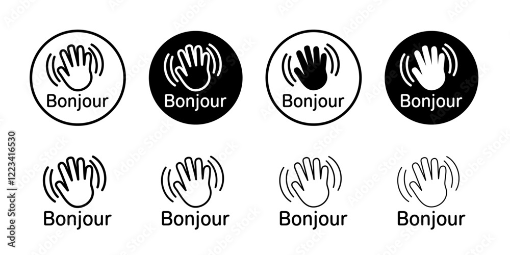 Bonjour text with hand wave icon Vector logo set flat Bonjour text with hand wave icon Vector logo set flat