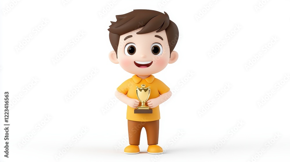 Joyful Boy Proudly Holding Golden Trophy, Celebrating Success and Achievement Joyful Boy Proudly Holding Golden Trophy, Celebrating Success and Achievement