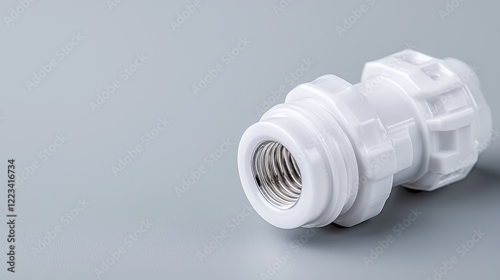 White plastic plumbing connector on grey background White plastic plumbing connector on grey background