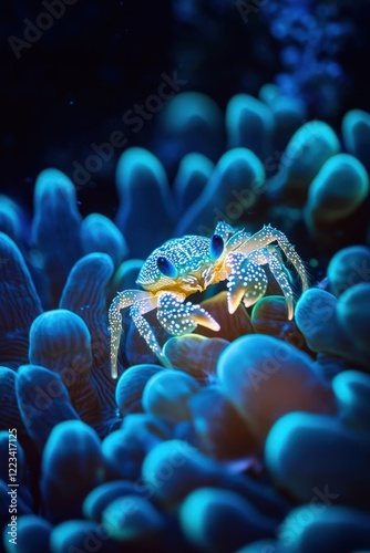 A macro photography view of a coral reef at night, with bioluminescent corals glowing softly and a tiny crab carefully navigating the scene photo