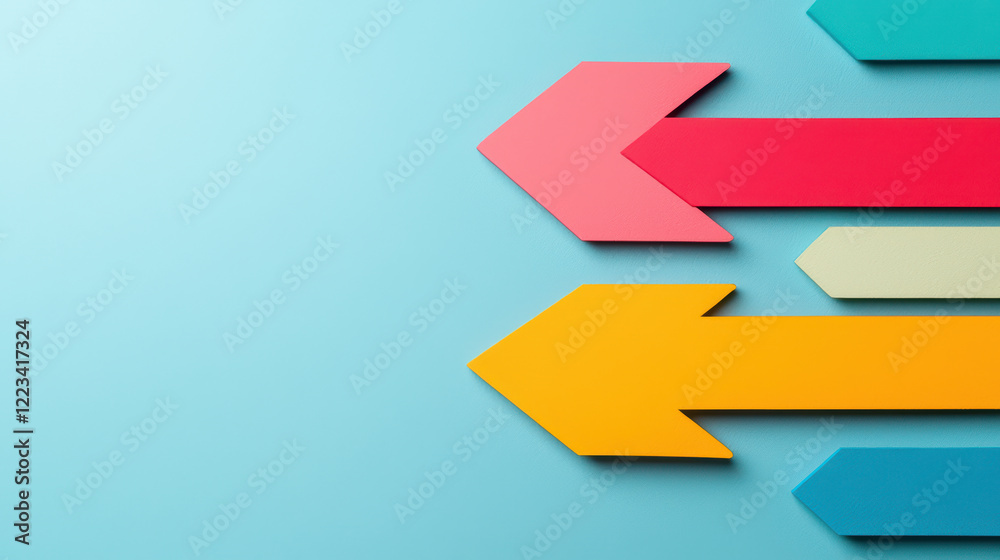 Colorful arrows pointing right on blue background, symbolizing direction and strategy Colorful arrows pointing right on blue background, symbolizing direction and strategy