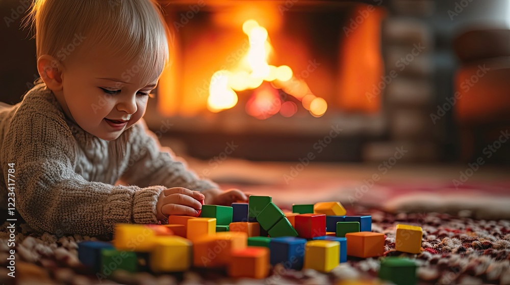 Child playing with blocks against the background of a fireplace. Selective focus. Child playing with blocks against the background of a fireplace. Selective focus.