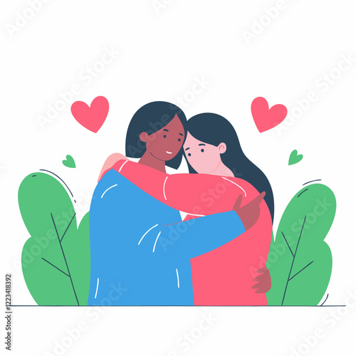 Two women hugging in flat style. Vector female friendship illustration