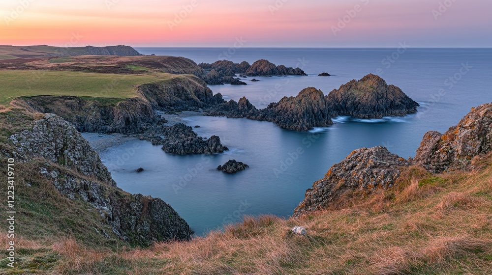 Coastal Rock Formations at Sunset Over Calm Ocean Coastal Rock Formations at Sunset Over Calm Ocean
