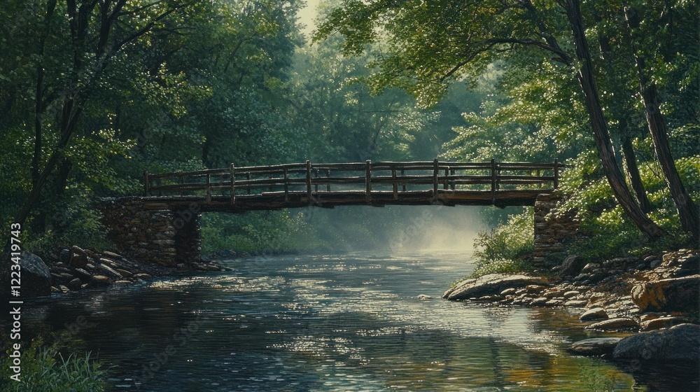 Fototapeta premium Wooden Bridge Over Misty Forest Stream