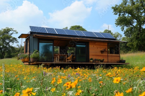 Modern tiny house with solar panels in a field of wildflowers photo