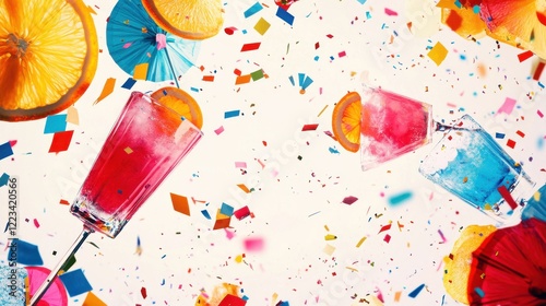 Colorful cocktails with fruit garnishes amidst vibrant confetti for a festive celebration photo