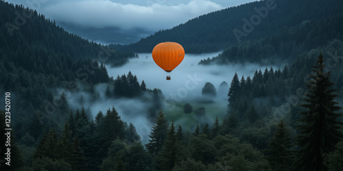 Hot air balloon flying over foggy forest during the day.