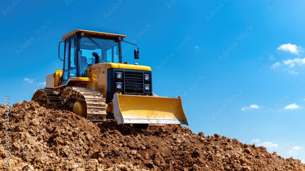 Bulldozer moving earth on construction site under blue sky Bulldozer moving earth on construction site under blue sky