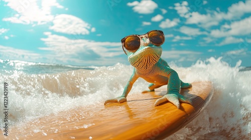 Fototapeta Naklejka Na Ścianę i Meble -  chameleon rides a surfboard on the ocean waves wearing sunglasses. close up. Fisheye lens.