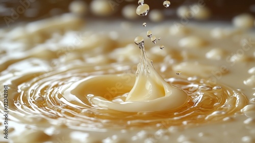 Rennet droplets create mesmerizing ripples in warm milk during cheese preparation